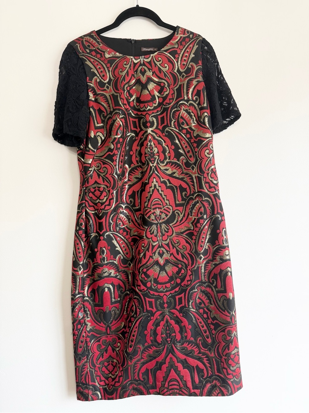 J. McLaughlin Belinda Metallic Paisley Sheath Dress Lace Sleeve Size 4